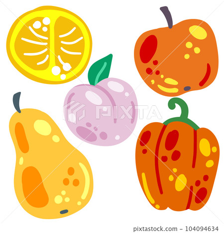 Fruits and vegetables isolated on white. Set of fresh vegetarian food. Delicious sweet snack dessert in colorful cartoon style Fruits and vegetables isolated on white. Set of fresh vegetarian food. Delicious sweet snack dessert in colorful cartoon style 104094634