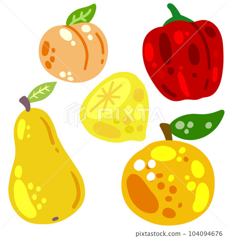 Fruits and vegetables isolated on white. Set of fresh vegaterian food. Delicious sweet snack dessert in colorful cartoon style 104094676