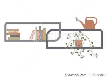 Interior design of a room with furniture: bookshelves, books, a potted plant with long branches, a watering can. Vector illustration. Flat style. Interior design of a room with furniture: bookshelves, books, a potted plant with long branches, a watering can. Vector illustration. Flat style. 104094808