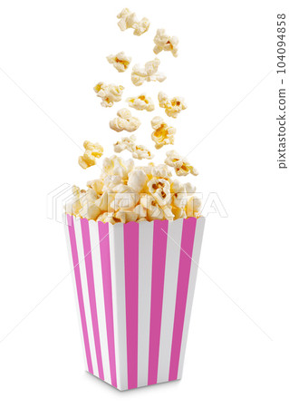 Popcorn flying out of pink white striped paper box, isolated on white background 104094858