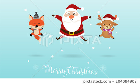 Merry Christmas and happy new year cute Santa Claus Reindeer and Fox jump. Merry Christmas and happy new year cute Santa Claus Reindeer and Fox jump. 104094902