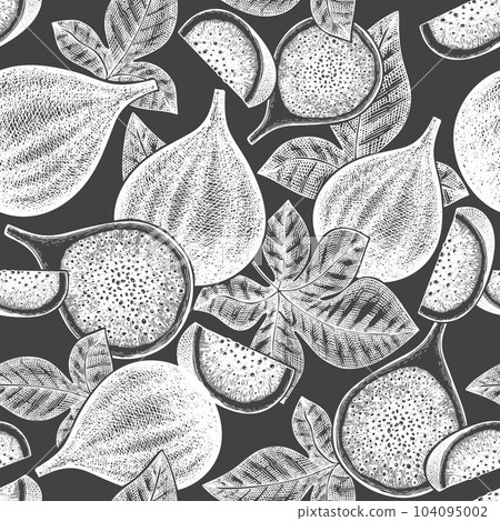 Hand drawn fig fruits seamless pattern. Organic fresh food vector illustration on chalk board. Retro fig fruit background. 104095002
