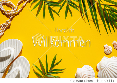 Yellow Summer Flat Lay, Shells, Palm Leaf, Text Willkommen Means Welcome 104095114