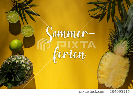 Summer Flat Lay, Tropical Pineapple, Sommerferien Means Summer Vacation 104095115