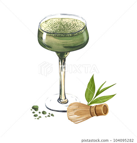 Watercolor green matcha martini with whisk and leaf tea. Hand-drawn illustration isolated on white background. Perfect for recipe lists with alcoholic drinks, brochures for cafe, bar Watercolor green matcha martini with whisk and leaf tea. Hand-drawn illustration isolated on white background. Perfect for recipe lists with alcoholic drinks, brochures for cafe, bar 104095282