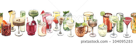 Watercolor cocktail glasses seamless banner: martini, gin, wine, margarita, goblet, liquor, rum. Hand-drawn illustration isolated on white background. Perfect for recipe lists with alcoholic drinks Watercolor cocktail glasses seamless banner: martini, gin, wine, margarita, goblet, liquor, rum. Hand-drawn illustration isolated on white background. Perfect for recipe lists with alcoholic drinks 104095283