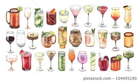 Watercolor cocktail glasses set: martini, gin, wine, margarita, goblet, liquor, rum. Hand-drawn illustration isolated on white background. Perfect for recipe lists with alcoholic drinks, for cafe Watercolor cocktail glasses set: martini, gin, wine, margarita, goblet, liquor, rum. Hand-drawn illustration isolated on white background. Perfect for recipe lists with alcoholic drinks, for cafe 104095290