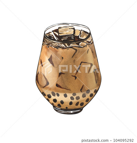 Watercolor iced bubble tea in cup. Hand-drawn illustration isolated on white background. Perfect for recipe lists with drinks, brochures for cafe, bar. Watercolor iced bubble tea in cup. Hand-drawn illustration isolated on white background. Perfect for recipe lists with drinks, brochures for cafe, bar. 104095292