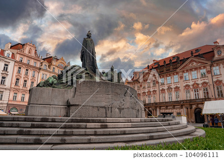 Main old square and Jan Hus monument. Cityscape of Medieval Prague. Main old square and Jan Hus monument. Cityscape of Medieval Prague. 104096111
