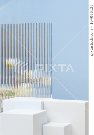White block pedestal product display blue background with modern Transparency strip glass and flower with sunshine light White block pedestal product display blue background with modern Transparency strip glass and flower with sunshine light 104096123