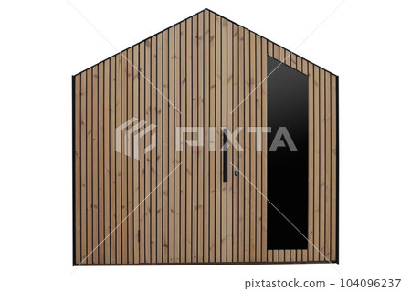 Modern wooden garden storage on white background. Front view. 104096237