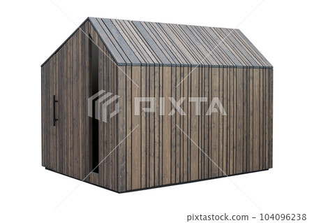 Wooden, modern shed for garden storage on white background. Wooden, modern shed for garden storage on white background. 104096238