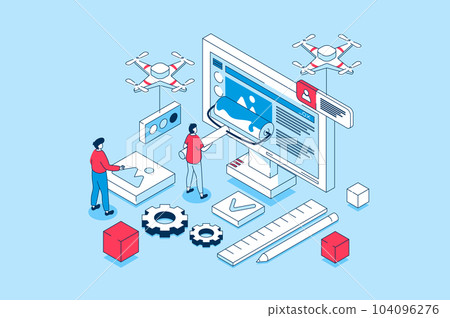 Web design concept in 3d isometric design. People creating pages layouts with content, making banners and homepages, programming and coding. Vector illustration with isometry scene for web graphic 104096276