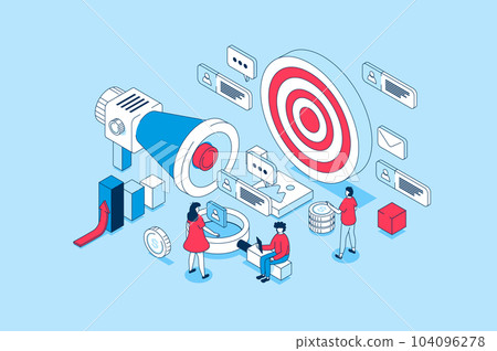 Target audience concept in 3d isometric design. People study market and customer trends, create advertising campaigns and attract new clients. Vector illustration with isometry scene for web graphic 104096278