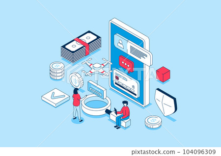 Mobile wallet app concept in 3d isometric design. People managing and controlling financial accounts and credit cards at online banking service. Vector illustration with isometry scene for web graphic Mobile wallet app concept in 3d isometric design. People managing and controlling financial accounts and credit cards at online banking service. Vector illustration with isometry scene for web graphic 104096309