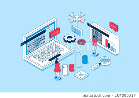 DevOps concept in 3d isometric design. People working with computers, communication and collaboration agile processes on programming products. Vector illustration with isometry scene for web graphic 104096317