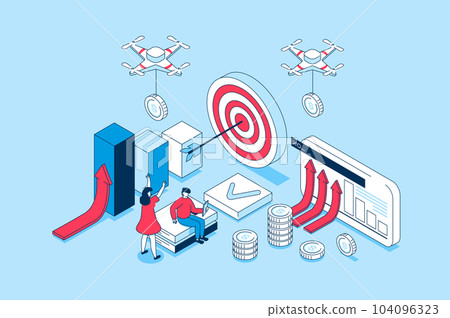 Business strategy concept in 3d isometric design. People analyzing data, planning work tasks, setting and achieving goals, developing company. Vector illustration with isometry scene for web graphic Business strategy concept in 3d isometric design. People analyzing data, planning work tasks, setting and achieving goals, developing company. Vector illustration with isometry scene for web graphic 104096323