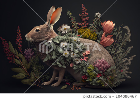 Image of a rabbit surrounded by colorful tropical flowers. Wildlife Animals. Illustration, Generative AI. 104096467