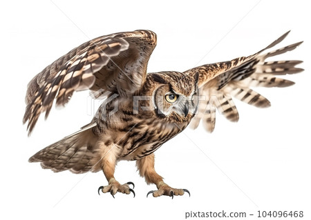 Image of an owl is flapping its wings fly on a white background. Wild Animals. Birds. Illustration. Generative AI. Image of an owl is flapping its wings fly on a white background. Wild Animals. Birds. Illustration. Generative AI. 104096468