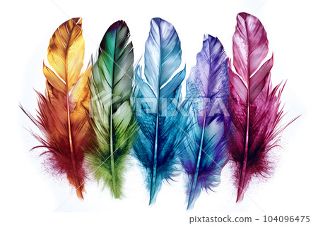 Image of colorful feathers on white background. Bird. Wildlife Animals. Illustration. Generative AI. 104096475