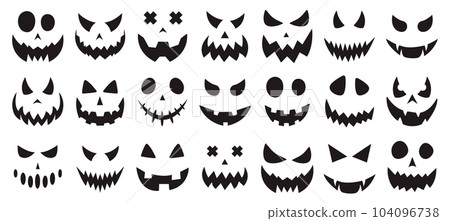 Vector set of scary pumpkin faces. Spooky faces icons. Vector illustration Vector set of scary pumpkin faces. Spooky faces icons. Vector illustration 104096738