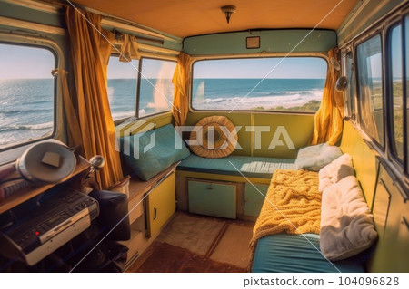 View of the sea and the beach from the interior of a vintage van for traveling. Generative AI View of the sea and the beach from the interior of a vintage van for traveling. Generative AI 104096828