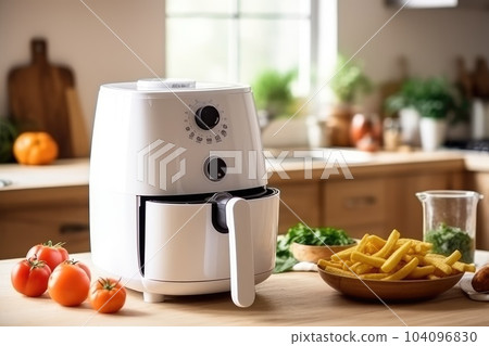 White air fryer or oil free fryer appliance in the modern kitchen. Generative AI White air fryer or oil free fryer appliance in the modern kitchen. Generative AI 104096830