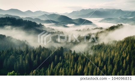 Misty foggy mountain landscape with forest. Generative AI Misty foggy mountain landscape with forest. Generative AI 104096831