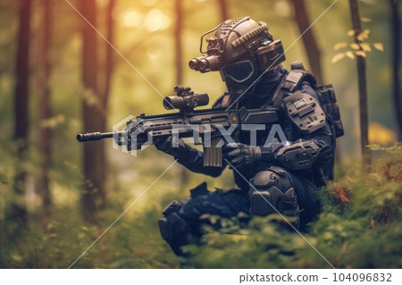 Special forces soldier police a with high technology gun. Generative AI Special forces soldier police a with high technology gun. Generative AI 104096832