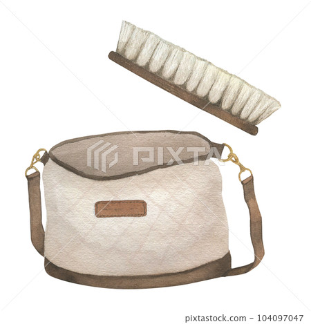 Watercolor illustration of equestrian equipment, ammunition and accessories for horse riding. Cleaning brush, bag. Isolated. Watercolor illustration of equestrian equipment, ammunition and accessories for horse riding. Cleaning brush, bag. Isolated. 104097047