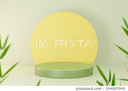 Round product stand near green leaves. 3d render Round product stand near green leaves. 3d render 104097048
