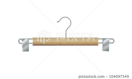 Wooden coat hanger clothes hanger .Realistic vector clothes coat wooden hanger close up isolated on background. Design template, clipart or mockup for graphics. Vector 104097349