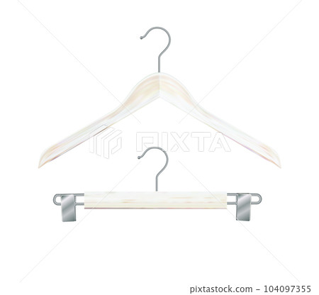 Wooden clothes hangers Clothes hanger made of white wood. Realistic vector clothes hanger wooden hanger closeup isolated on background. Design template, clipart or layout for graphics. Vector 104097355
