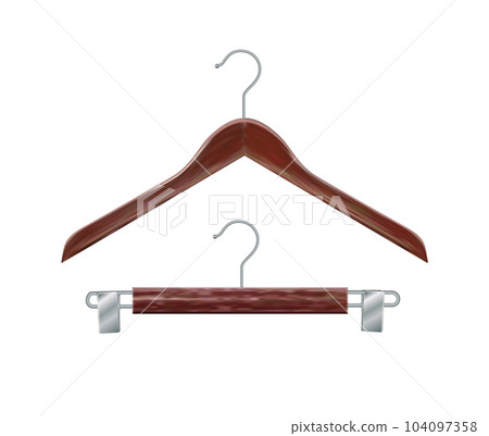 Set of wooden clothes hangers mahogany clothes hanger. Realistic vector clothes hanger wooden hanger closeup isolated on background. Design template, clipart or layout for graphics. Vector Set of wooden clothes hangers mahogany clothes hanger. Realistic vector clothes hanger wooden hanger closeup isolated on background. Design template, clipart or layout for graphics. Vector 104097358