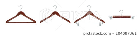 Set of wooden clothes hangers mahogany clothes hanger. Realistic vector clothes hanger wooden hanger closeup isolated on background. Design template, clipart or layout for graphics. Vector Set of wooden clothes hangers mahogany clothes hanger. Realistic vector clothes hanger wooden hanger closeup isolated on background. Design template, clipart or layout for graphics. Vector 104097361