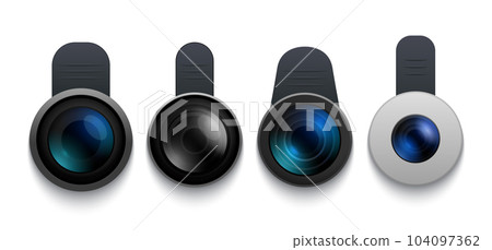 Mobile lens objective mini glass. Fish eye mobile phone vector photo clip on lens design. Mobile lens objective mini glass. Fish eye mobile phone vector photo clip on lens design. 104097362