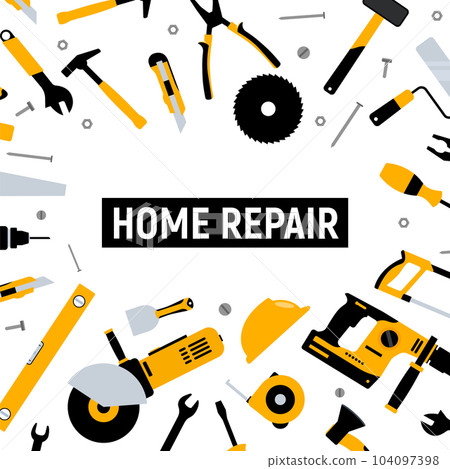 Construction home tools hammer repair carpentry background. Electric home tool screwdriver toolkit 104097398