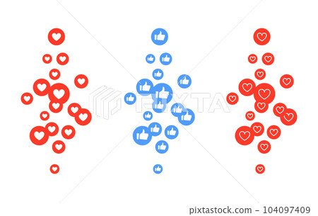 Flying like icon set social media. Thumb up 3d reaction emoji network comment vector logo love Flying like icon set social media. Thumb up 3d reaction emoji network comment vector logo love 104097409