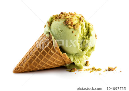 Pistachio ice cream cone on a white background. 104097735