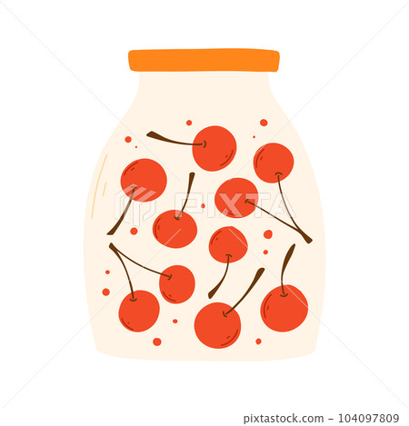 A jar of homemade cherry jam. Cherry marmalade. Jar of jam isolated on white background. Vector illustration in a flat style. A jar of homemade cherry jam. Cherry marmalade. Jar of jam isolated on white background. Vector illustration in a flat style. 104097809