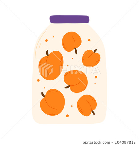 A jar of homemade apricot jam. Peach marmalade. Jar of jam isolated on white background. Vector illustration in a flat style. A jar of homemade apricot jam. Peach marmalade. Jar of jam isolated on white background. Vector illustration in a flat style. 104097812