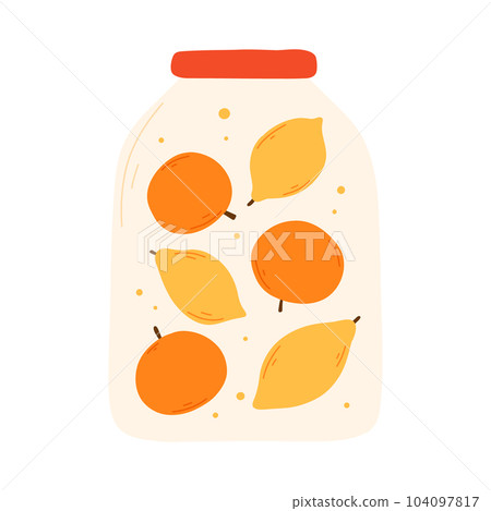 A jar of homemade orange jam. citrus jam. Jar of jam isolated on white background. Vector illustration in a flat style. 104097817