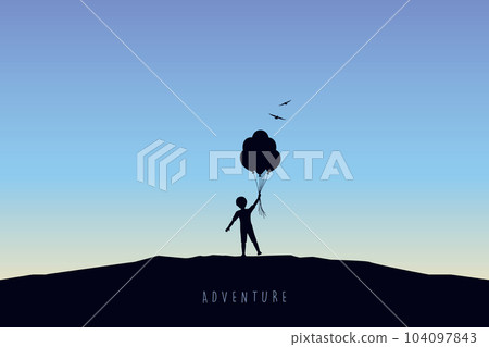 little boy with balloons silhouette at sunset childhood dreams 104097843