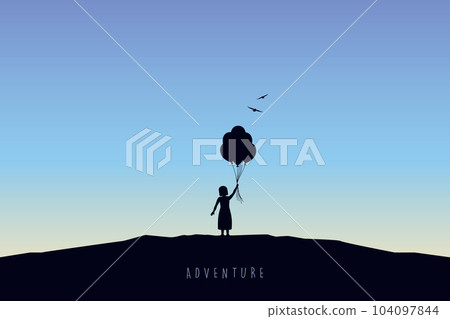 little girl with balloons silhouette at sunset childhood dreams 104097844