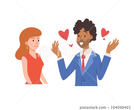 Beautiful woman and surprised man with hearts around flat style, vector illustration Beautiful woman and surprised man with hearts around flat style, vector illustration 104098401