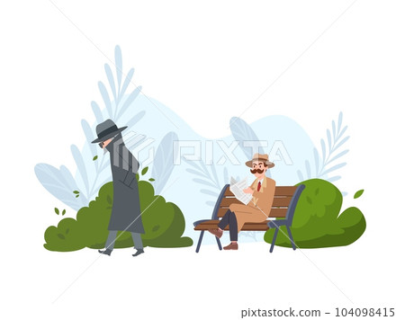 Vector illustration of man detective is on mission, sits on bench and reads newspaper in the park, Suspicious man walks by Vector illustration of man detective is on mission, sits on bench and reads newspaper in the park, Suspicious man walks by 104098415