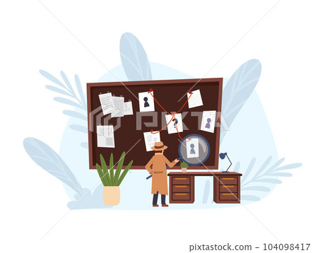 Detective collecting evidence on big board, cartoon flat vector illustration isolated on white background. 104098417