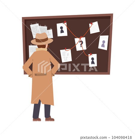 Vector isolated illustration of Detective man stands and looks at detective board, pinboard crime investigation map, ingenious scheme 104098418
