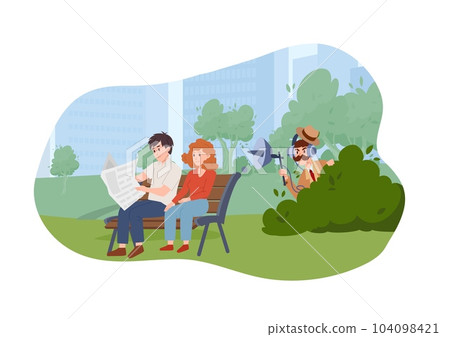 Detective hiding in bushes and listening to people's talk, flat vector illustration isolated on white background. Detective hiding in bushes and listening to people's talk, flat vector illustration isolated on white background. 104098421