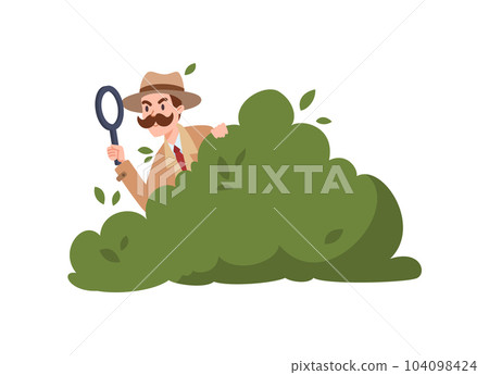 Curious detective hiding in bushes and looking through magnifier, flat vector illustration isolated on white background. Curious detective hiding in bushes and looking through magnifier, flat vector illustration isolated on white background. 104098424